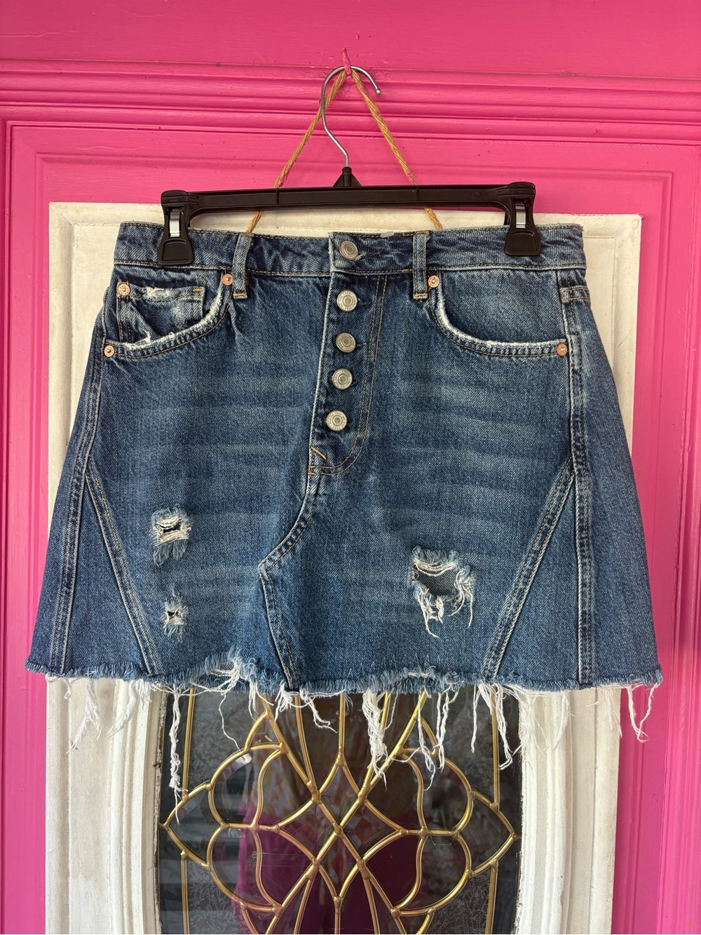 Free People We The Free Distressed Button-Front Denim Mini Skirt - Blue